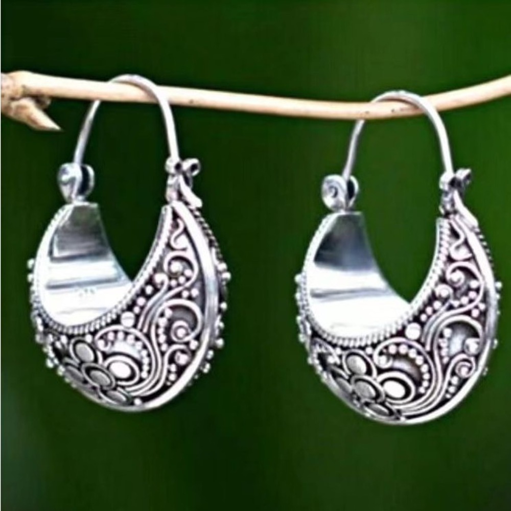 Boho festival vintage style silver tone filigree hoops